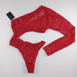 Frederick's Of Hollywood Women's Kerry Asymmetrical Bodysuit Size XL Red Lace